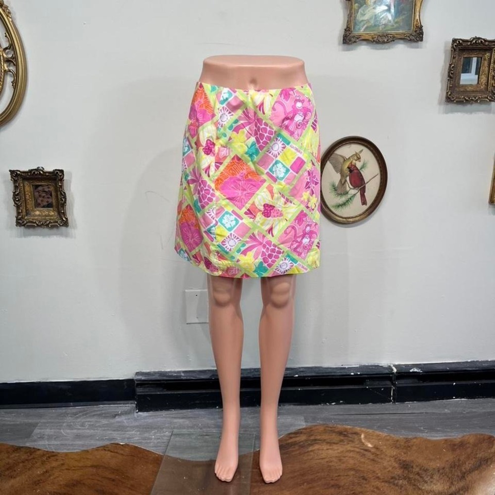 Lilly Pulitzer Vintage Monkey Patchwork Floral Mini Skirt Sz 4 Pink Green Yellow